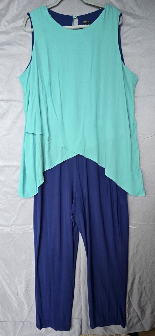 IMAN Jumpsuit Womens 2X Blue Green Colorblock Sleeveless Overlay One Piece